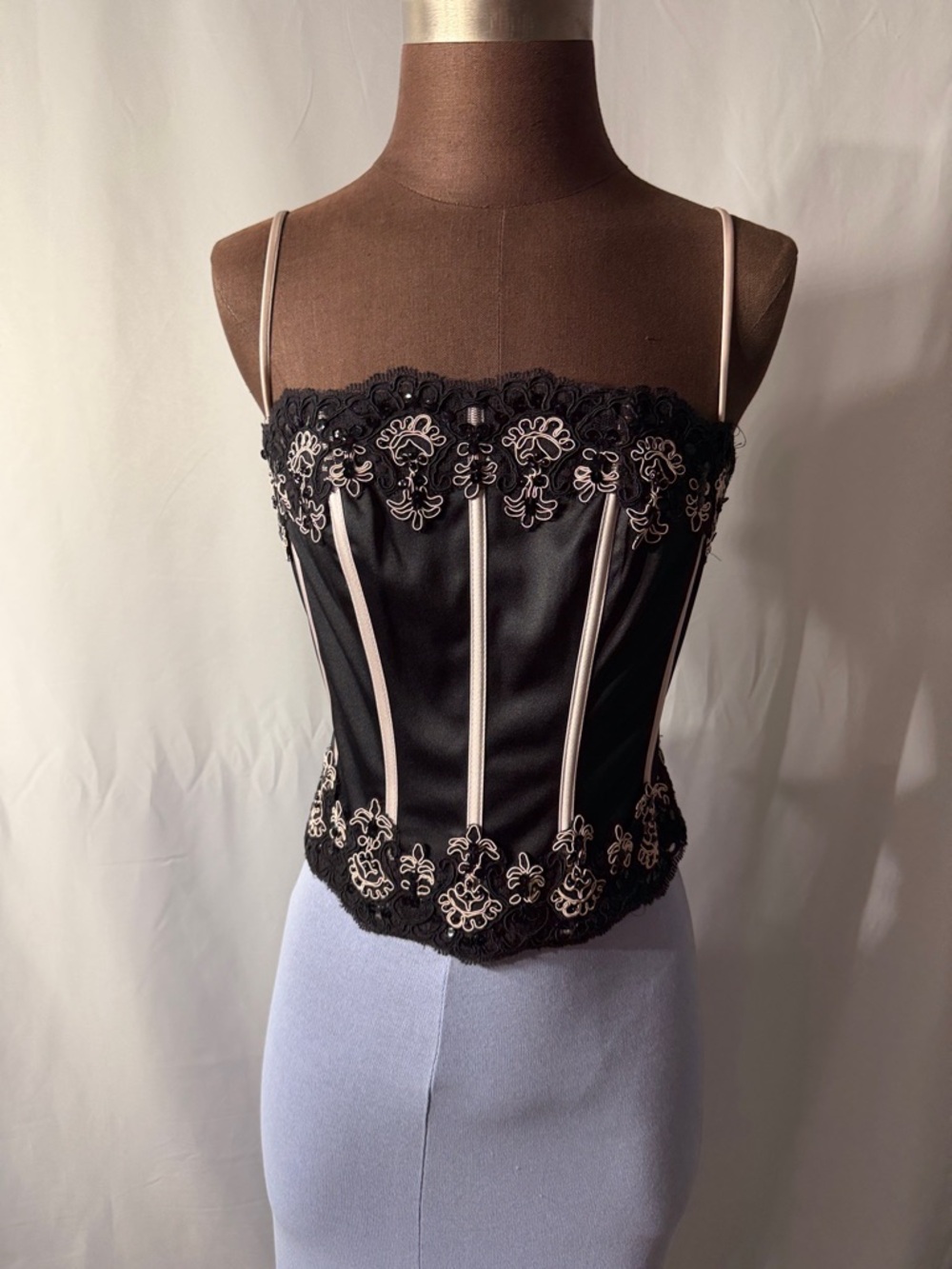 JS Collection Black Satin Lace-Trim Corset Bodysuit with Pale Pink Accents Size8